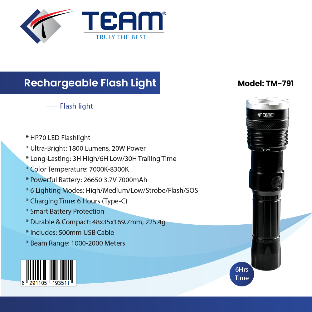 Rechargeable Flashlight with a Long-Lasting Beam