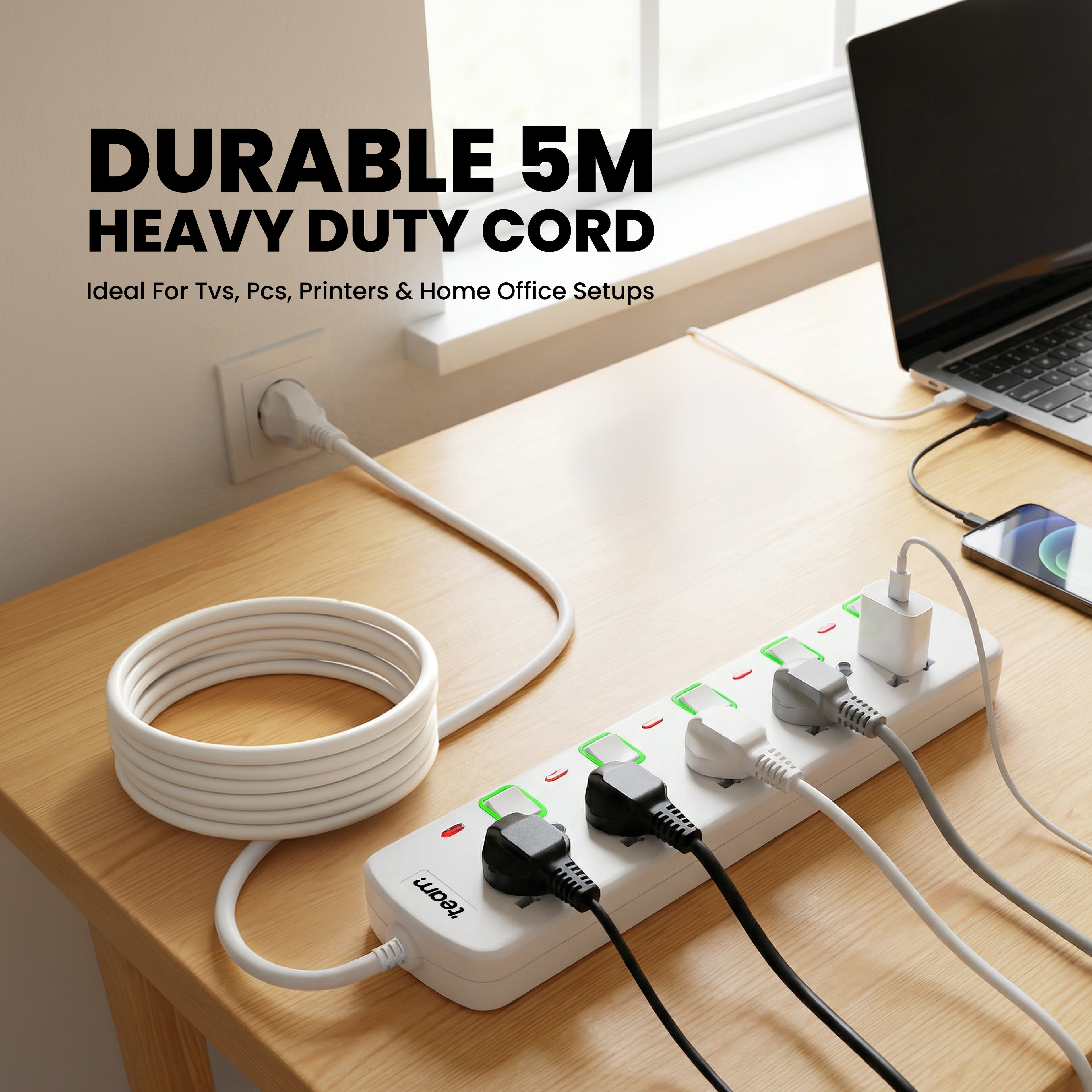 Extension Socket 5M with 5 Universal Outlets & 3 USB Ports